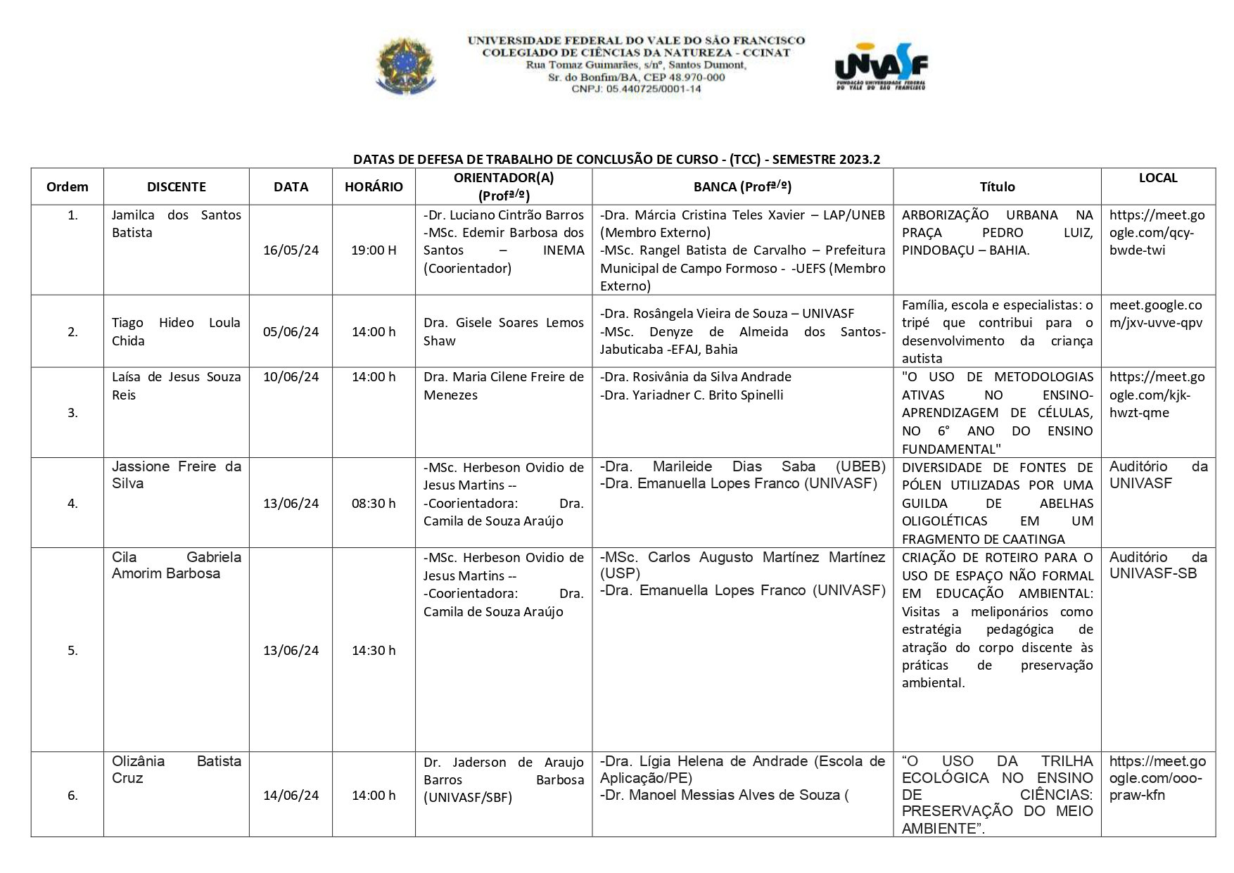 DATAS DE DEFESA DE TCC - SEMESTRE 2023.2