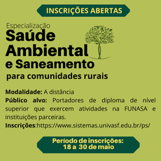 Especialização em Saúde Ambiental e Saneamento para Comunidades Rurais