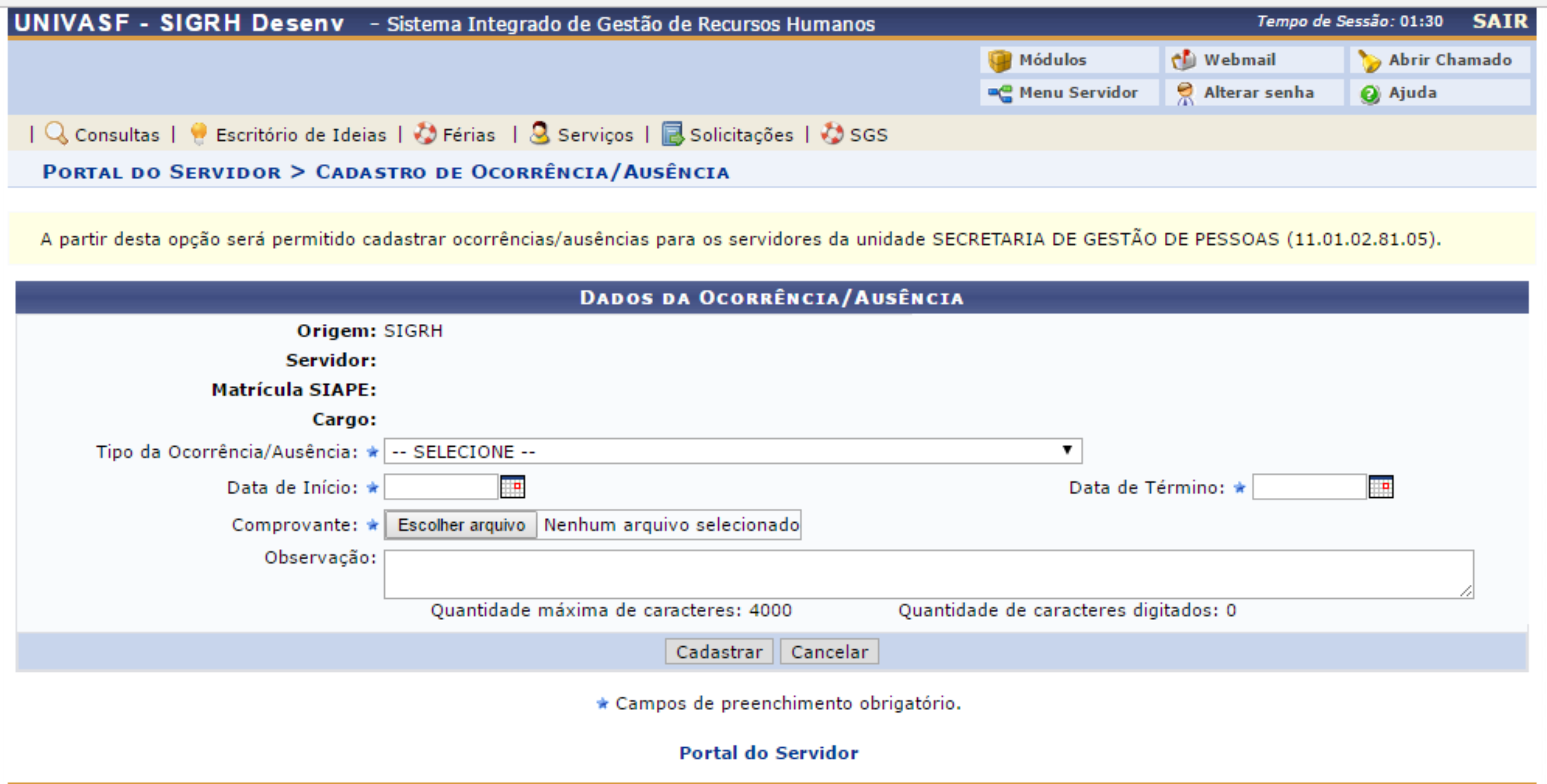 Cadastro de ausência